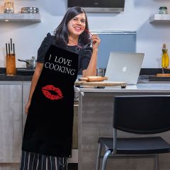 I Love Cooking Text Printed Customised Black Color Apron For Her Gifting 
