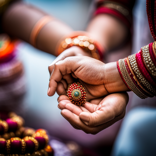 A close-up photograph capturing the hands of a sister delicately tying a beautiful, vibrant Rakhi around her brother's wrist, symbolizing the bond of love and protection. The image should showcase the intricacy and colors of the Rakhi, highlighting the significance of this heartfelt ritual.