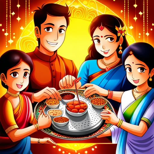 A warm and vibrant photograph capturing a family gathered around a beautifully decorated Rakhi thali. The image should depict siblings, parents, and perhaps extended family members engaging in joyful conversation, laughter, and sharing a delicious meal. The atmosphere should exude love, happiness, and togetherness, reflecting the essence of Raksha Bandhan as a day of family bonding and celebration.