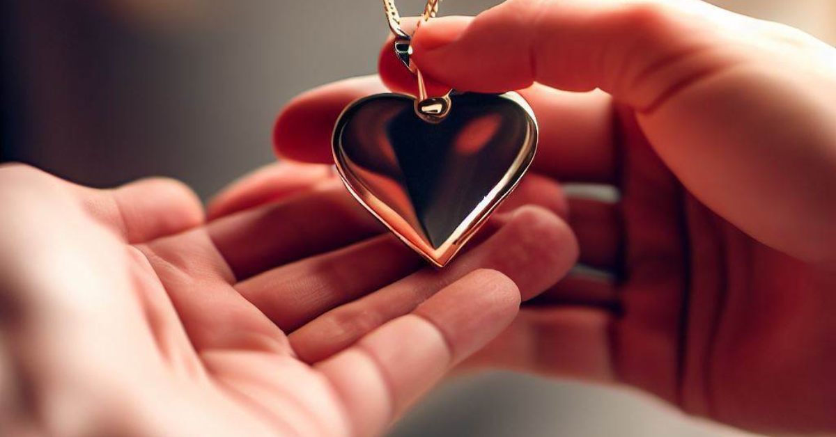 Image of a heart-shaped personalized pendant being presented to a loved one, symbolizing the emotional connection and thoughtfulness associated with these gifts.