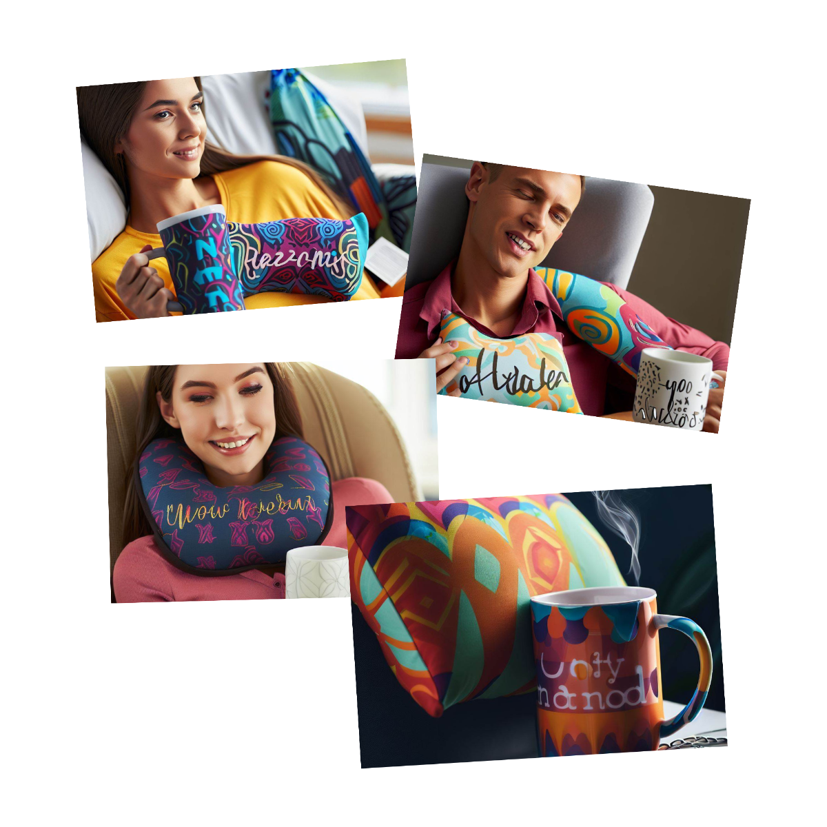 A collage image of personalized mug and personalized neck/travel pillow