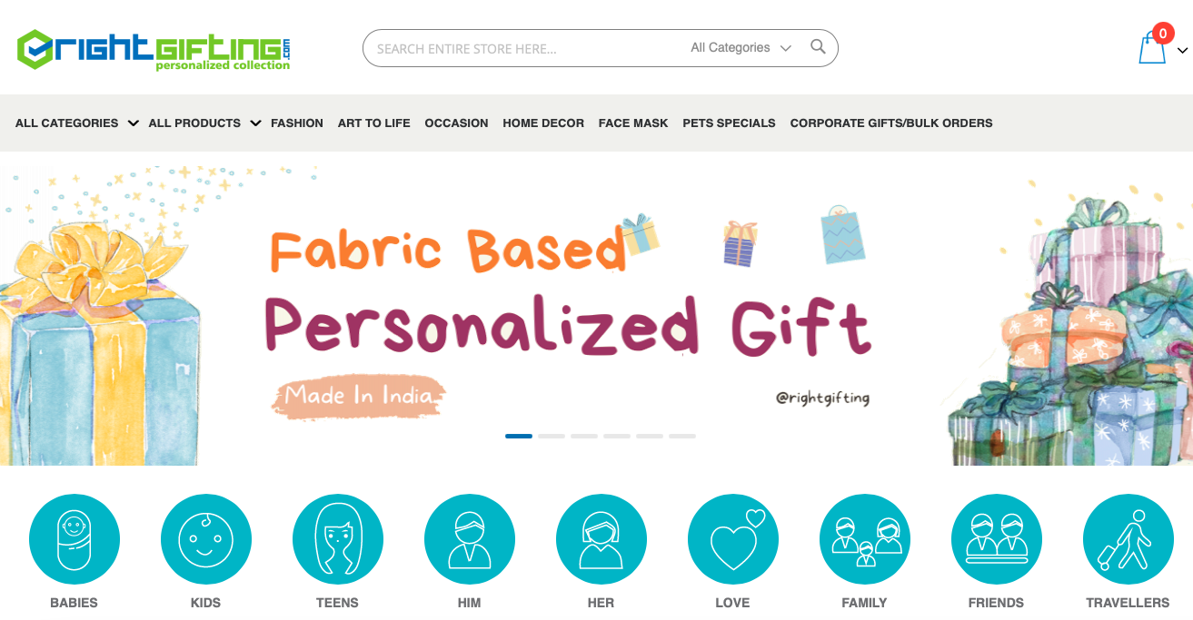 A screenshot image of the Rightgifting.com website that offers wide range of personalized gifts