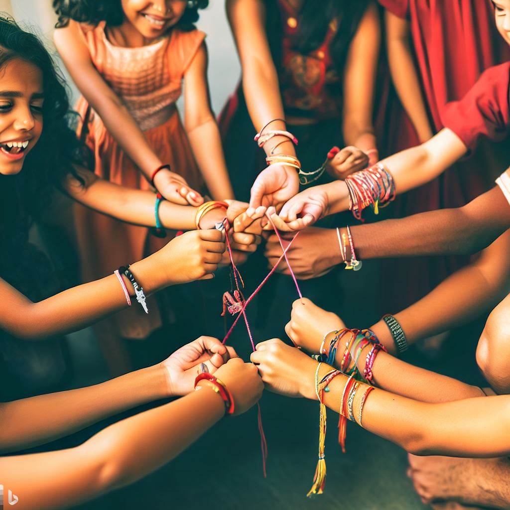 diverse group of people tying rakhis on each other's wrists, symbolizing the celebration of siblinghood beyond blood ties