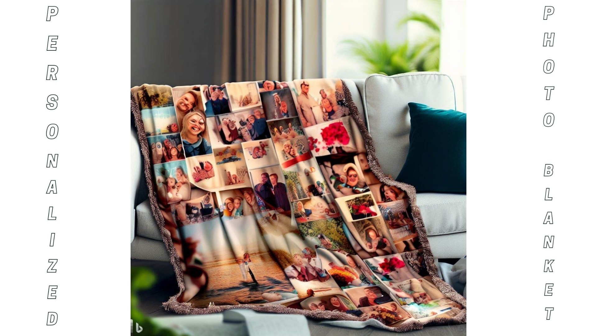  image of a cozy photo blanket with a photo collage printed on it. The blanket should feature a realistic texture and show a beautiful arrangement of cherished memories.
