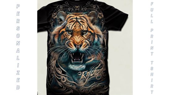 a visually captivating image of a custom printed t-shirt. The design on the t-shirt features a powerful and majestic tiger, exuding strength and confidence.